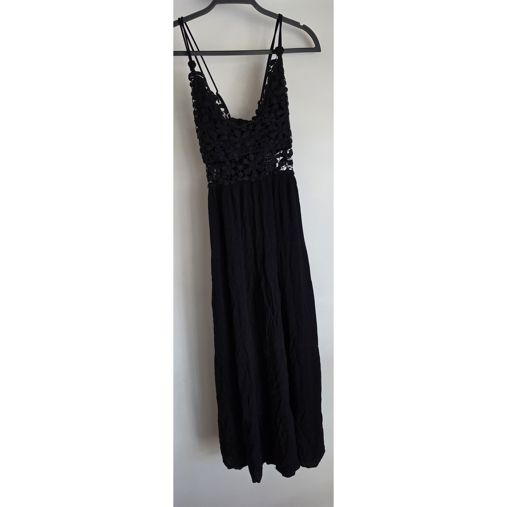 La Miel Crochet Top Maxi Dress L Black Sleeveless Boho Sundress Gown Frock Flowy